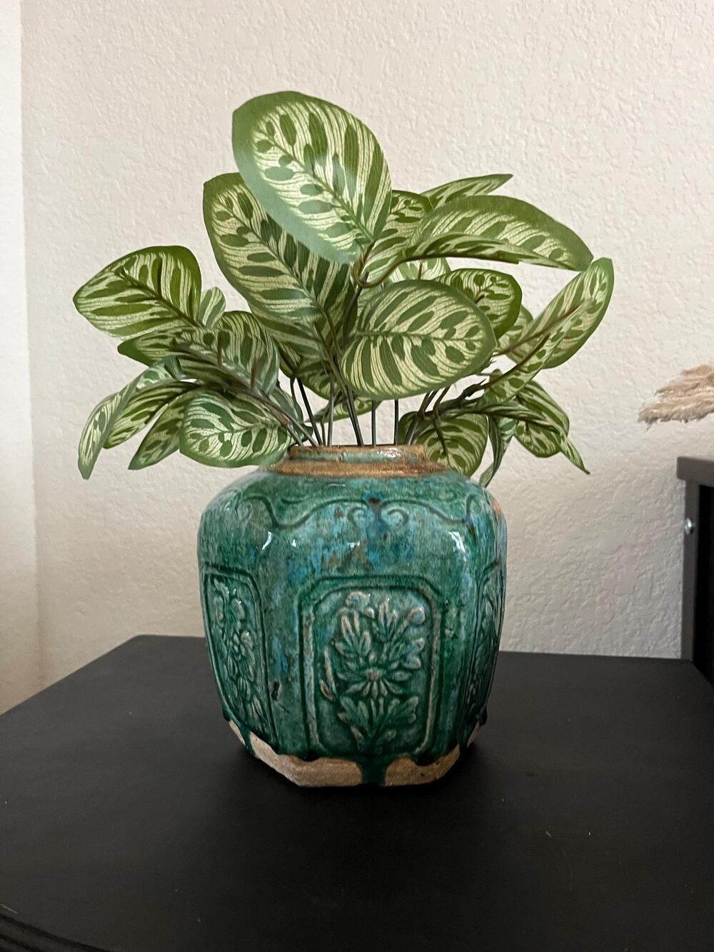 Vintage handmade ceramic vase, floral motifs and teal glaze